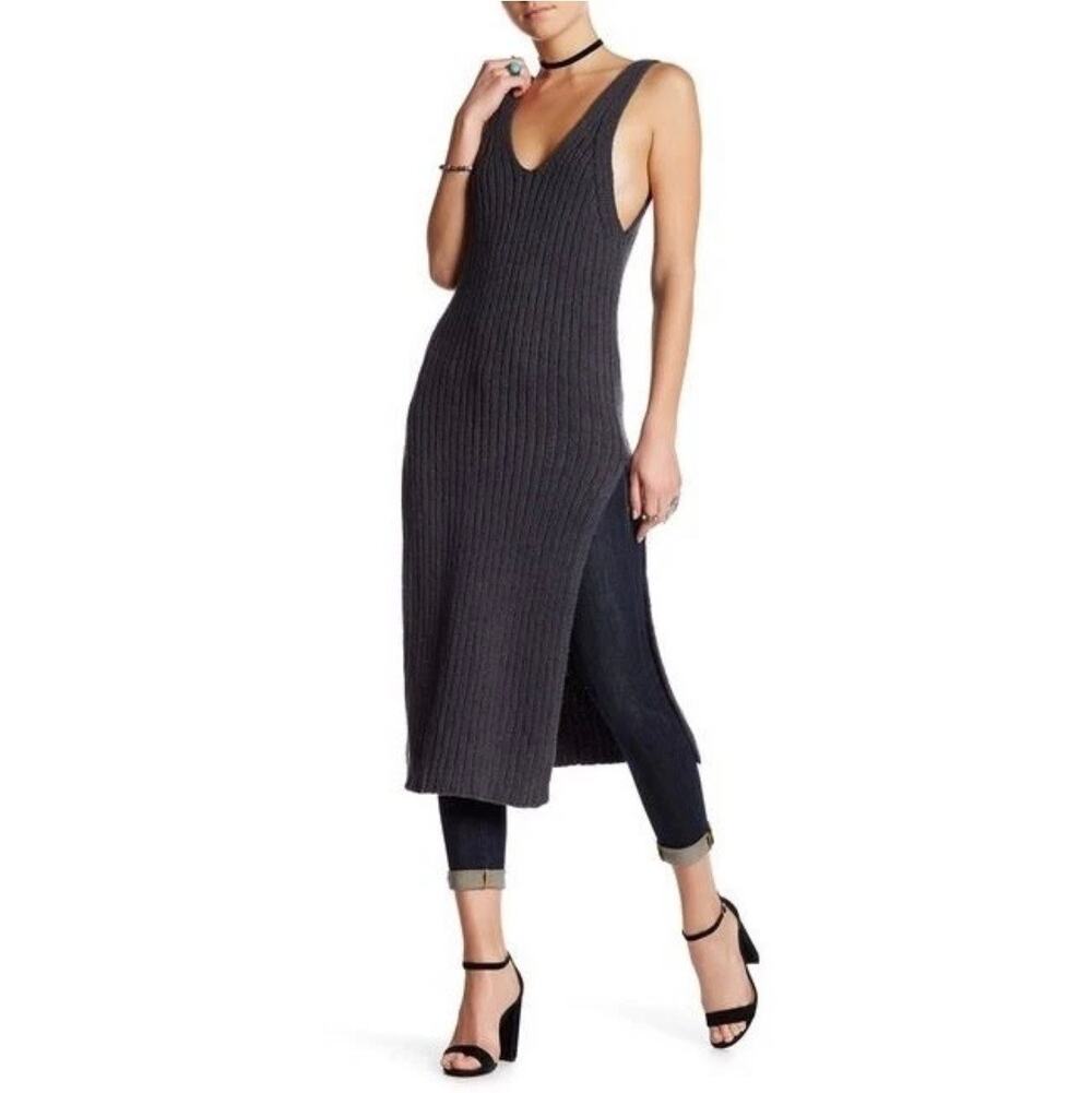 FREE PEOPLE Emmy Ribbed V-Neck Sweater Dress Womens Graphite Grey Double Slits